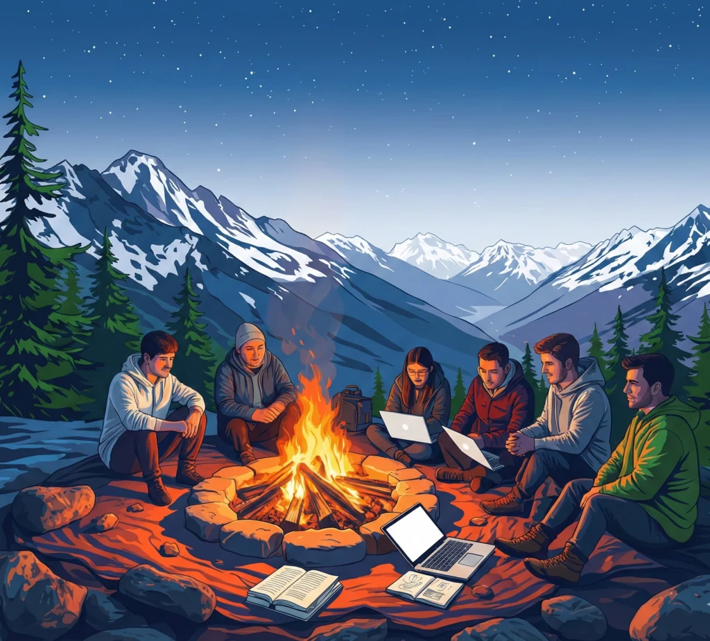 The Meta Journey: a group of researchers sitting around a campfire, reflecting on their path from DisClarity to SynClarity. They talk, look back at what they have accomplished, and plan their next steps in evidence synthesis training.