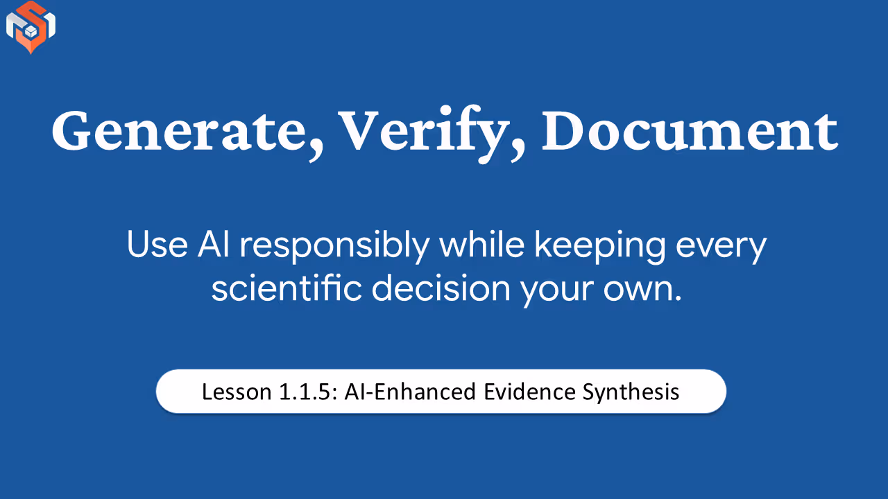 Title card for Lesson 1.1.5 detailing the Generate, Verify, Document framework.
