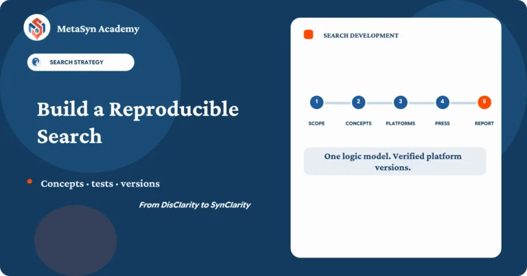 MetaSyn Academy diagram showing five stages of reproducible search development: scope, concepts, platform translation, PRESS peer review, and reporting.
