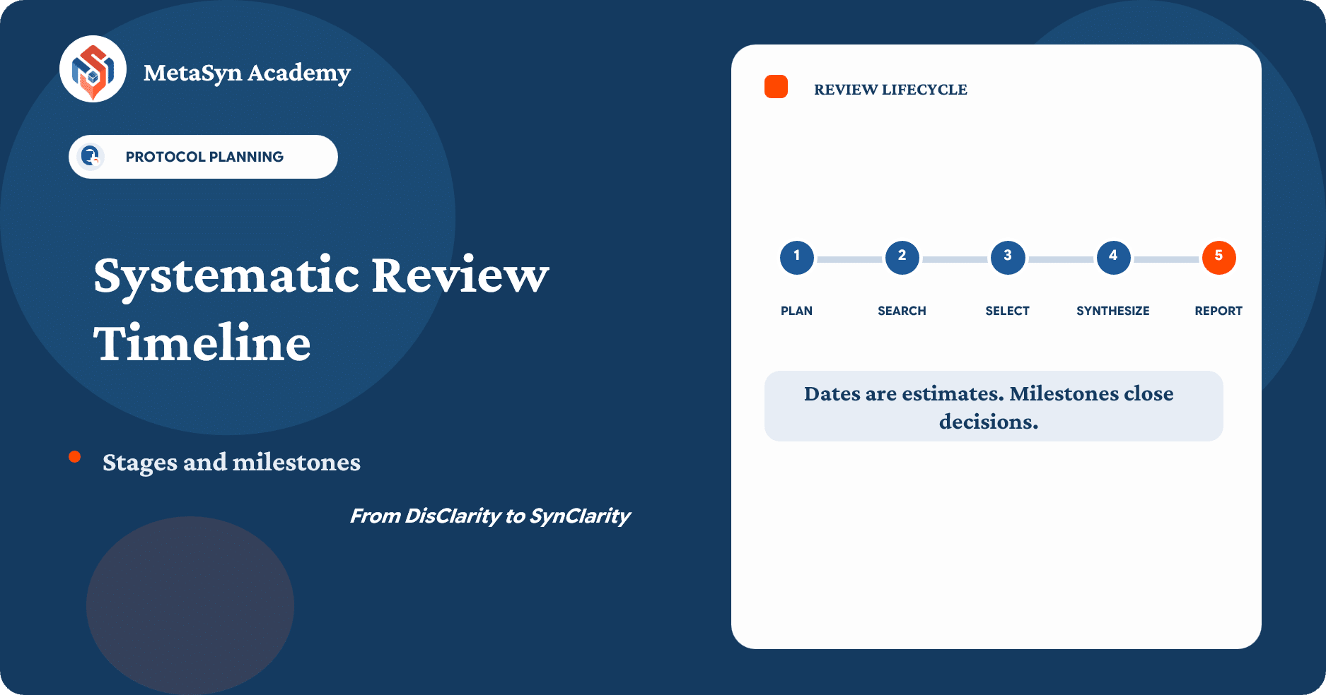 Systematic review lifecycle from protocol planning through reporting, with stages and milestone checkpoints.